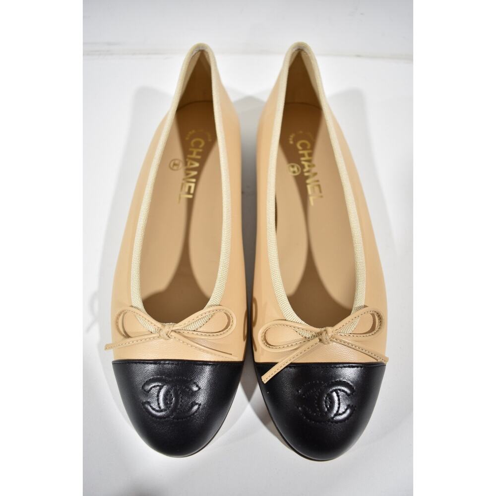 Chanel Beige Black Lambskin Leather CC Logo Bow Tie Ballet Ballerina Flat 36 - Picture 10 of 15